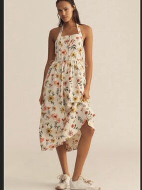 Anthropologie White Floral Halter Midi Dress